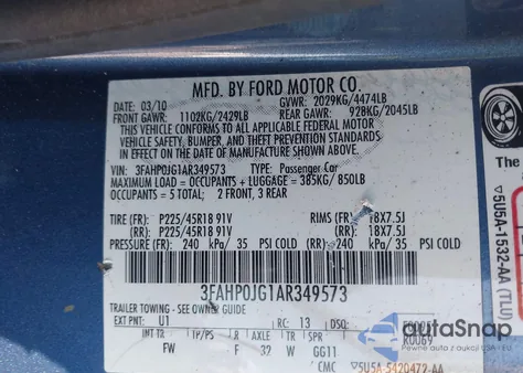 2010 Ford Fusion Sel z USA, uszkodzony, nr VIN 3FAHP0JG1AR349573